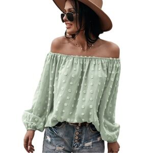 NWT Miss Sparkling SAGE GREEN the shoulder flowy swiss dot blouse Size Small